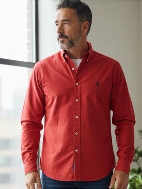 Polo Ralph Lauren Men's Medium Red Button-Down Shirt - Classic Long Sleeve